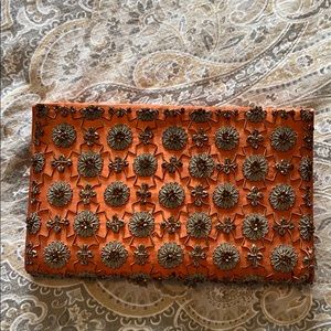 Orange Satin Clutch with Silver Embroidery
